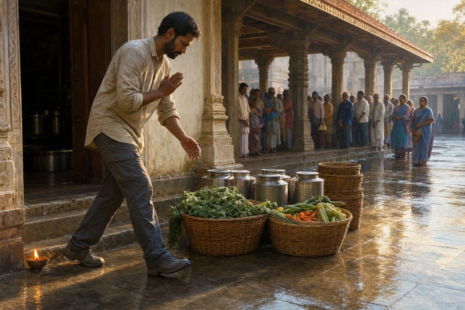 A volunteer finishes a brief prayer and steps toward baskets of vegetables and water vessels prepared for a community kitchen.
