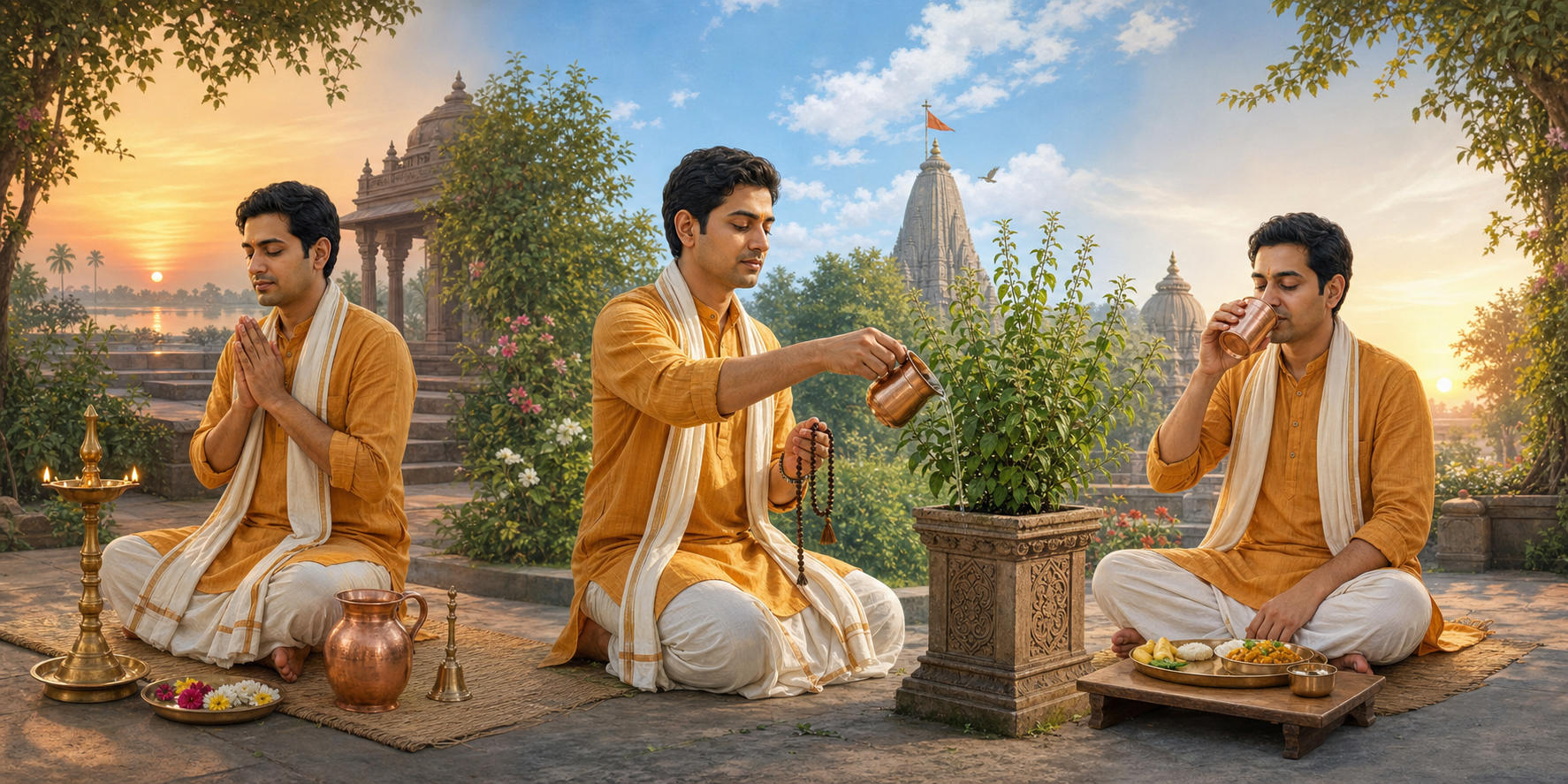 Three connected scenes show a devotee beginning a fast at sunrise, praying during the day, and taking a simple meal the following morning.