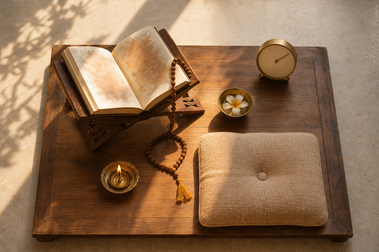 An integrated morning practice space holds an open sacred book, a brass lamp, a flower offering, prayer beads, and a meditation cushion.