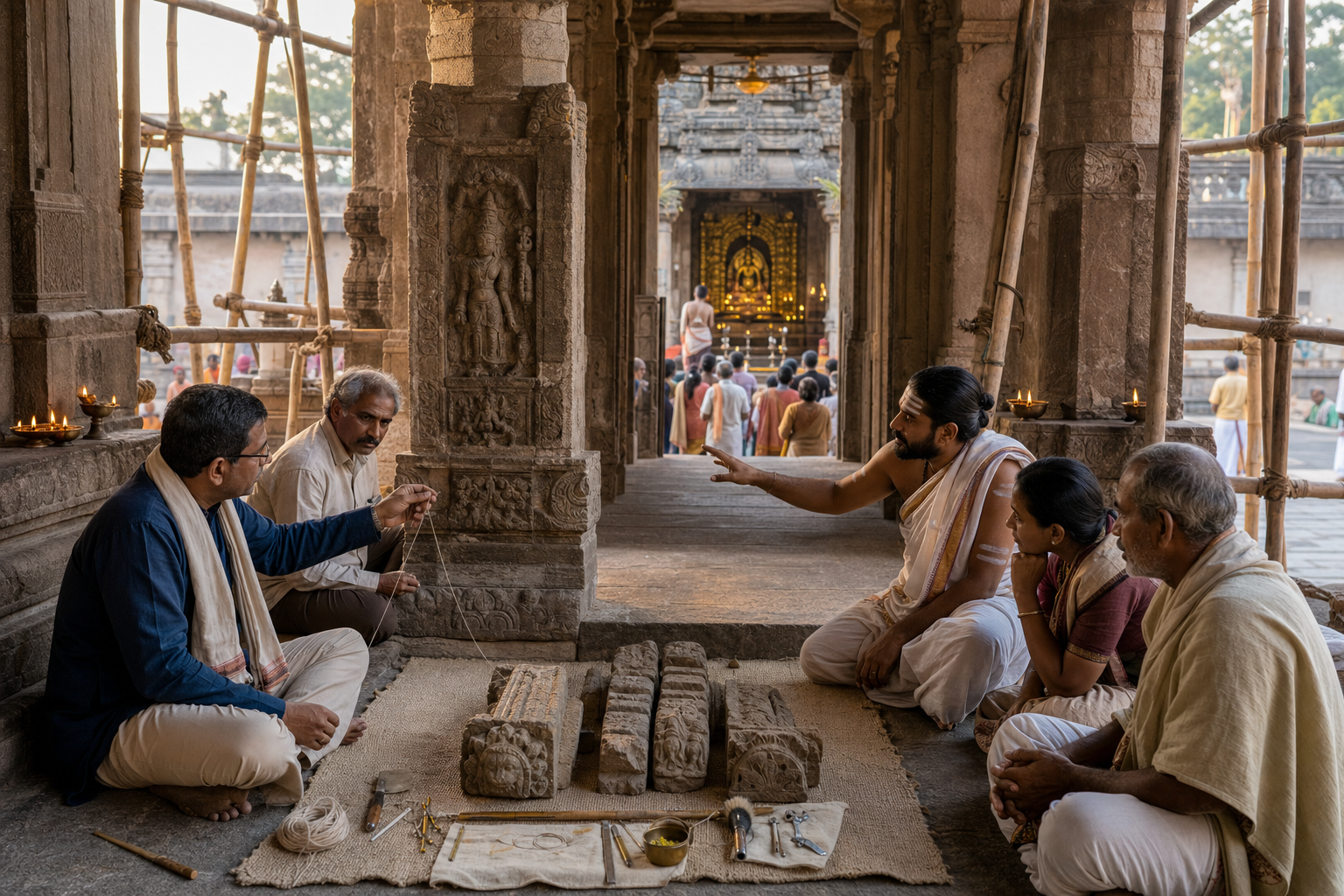 A temple architect, conservator, priest, and community caretakers examine carved stone fragments inside a historic Hindu temple under restoration.