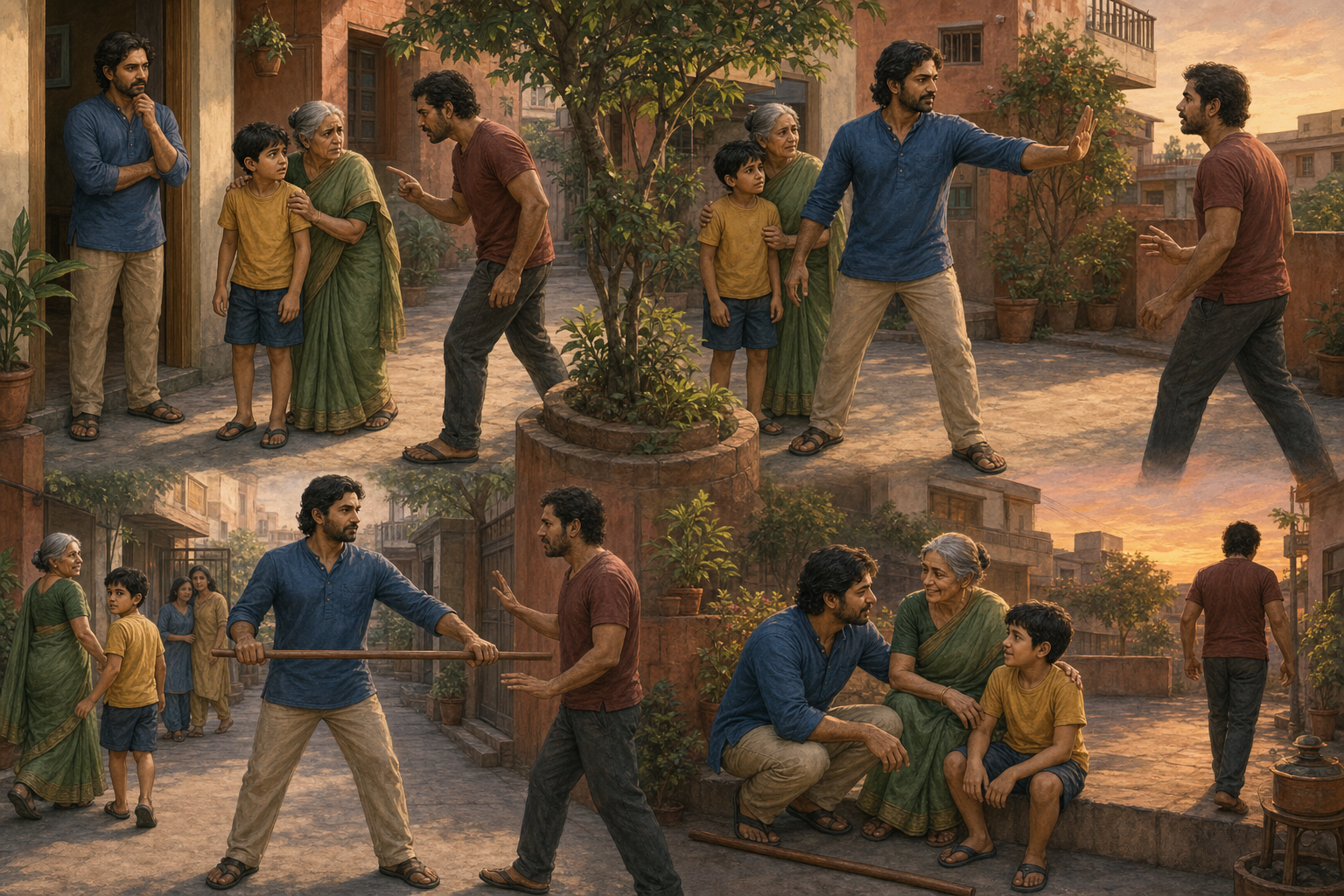 Four connected courtyard scenes show a person assessing danger, setting a boundary, using restrained protection, and helping others after the threat ends.