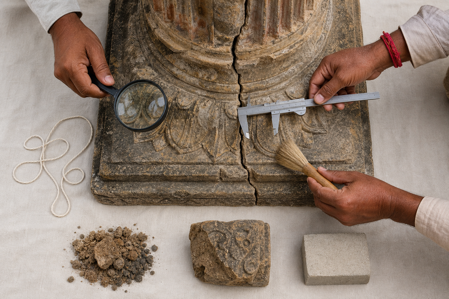 Conservators inspect a cracked carved column base with measuring tools beside mortar, a loose fragment, and a replacement-stone sample.
