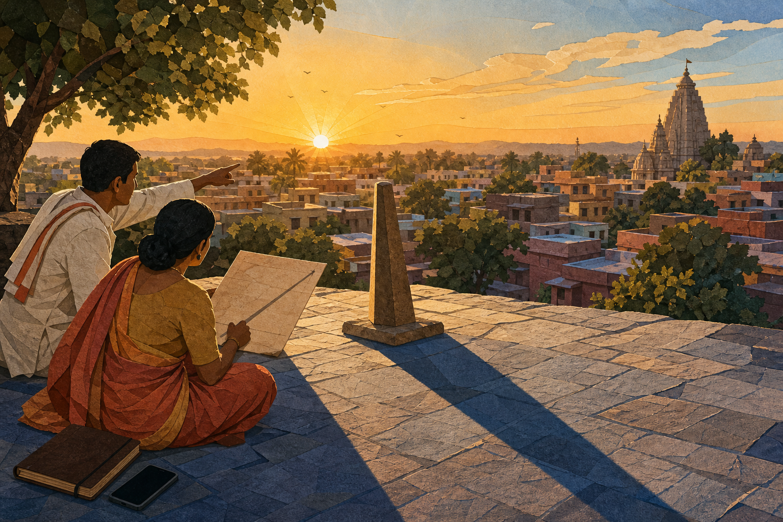 A devotee and a guide observe sunrise and the shadow of a courtyard gnomon with homes, trees, and a temple spire in the distance.