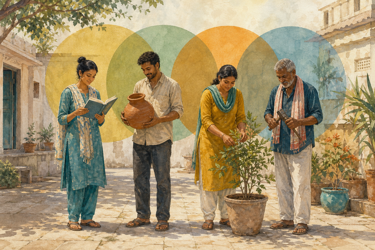 Four people standing equally in a courtyard with books, pottery, plants, and tools beneath overlapping circles of colored light.
