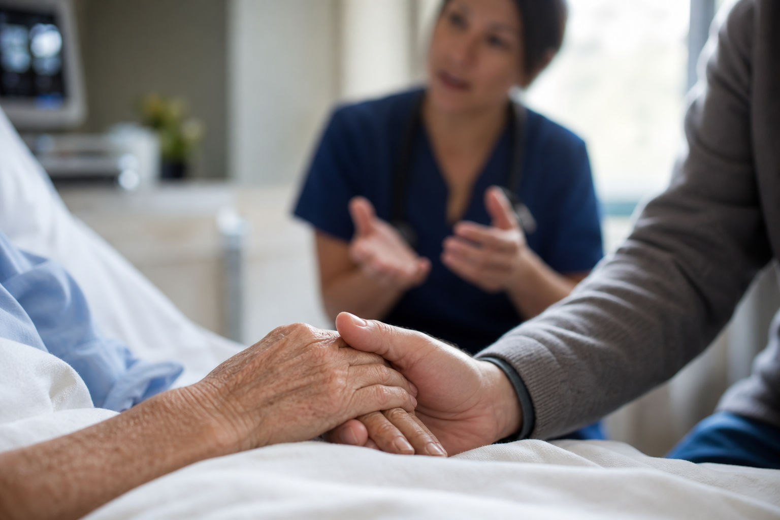 A family member holds an older patient's hand while a seated clinician discusses care beside the hospital bed.