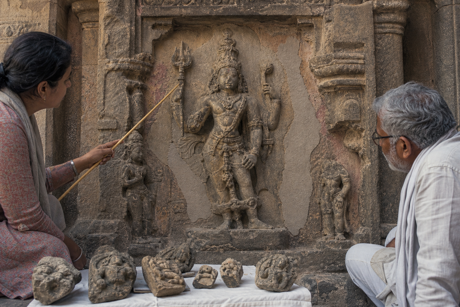 An iconography specialist and stone carver study the surviving attributes and fragments of a weathered temple relief with missing areas left recessed.