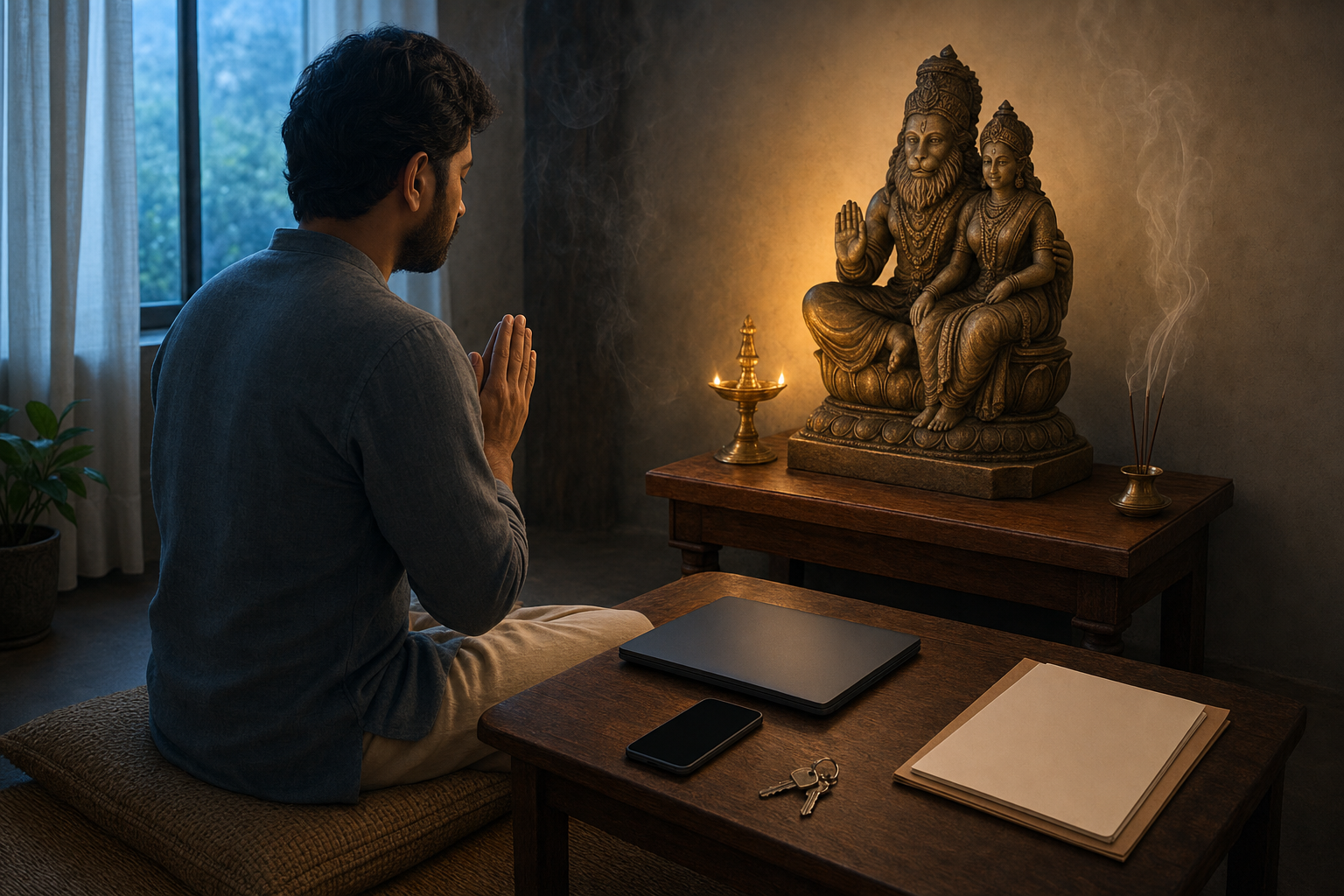 A devotee pauses in meditation before a lamp-lit Lakshmi-Narasimha shrine, with a closed laptop, phone, papers, and keys nearby.
