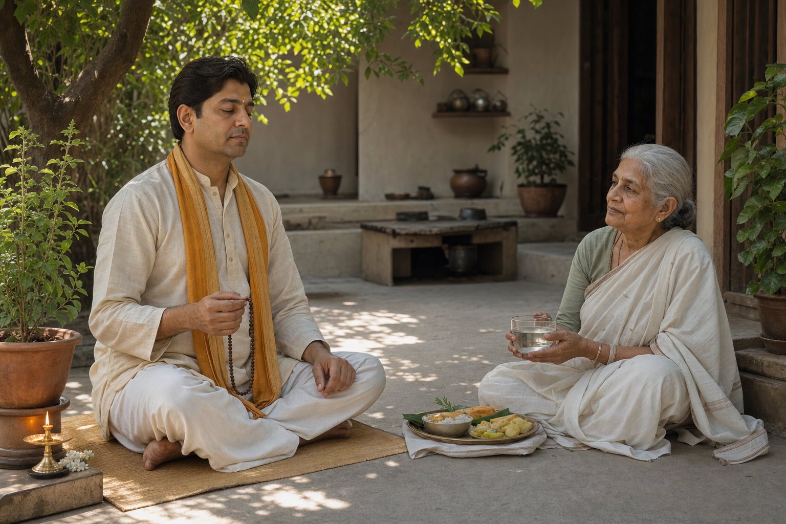 A devotee meditates with prayer beads after offering water and simple food to an elderly visitor in a shaded courtyard.
