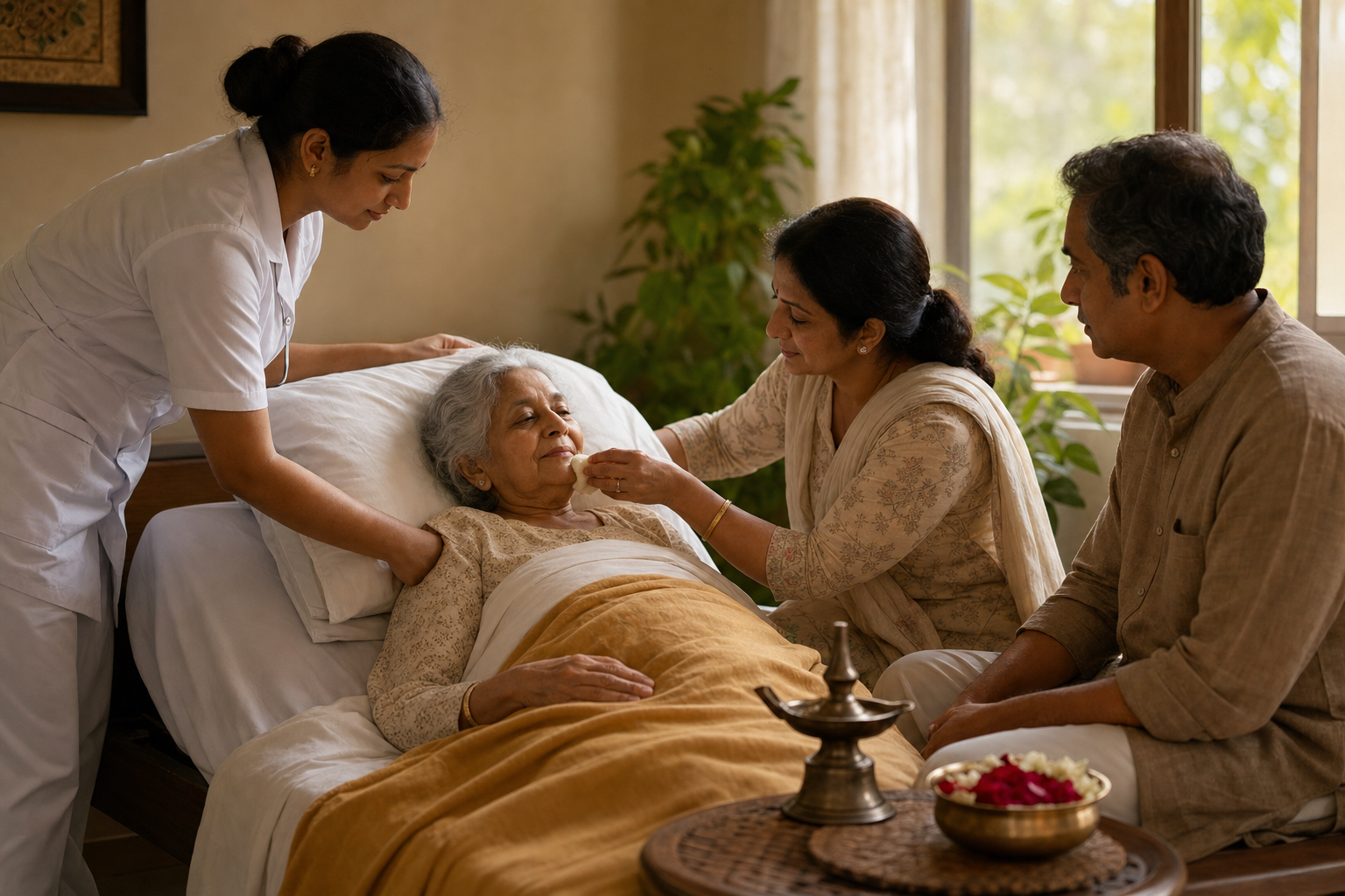 A nurse and family members provide gentle comfort care to an older patient in a peaceful hospice room.