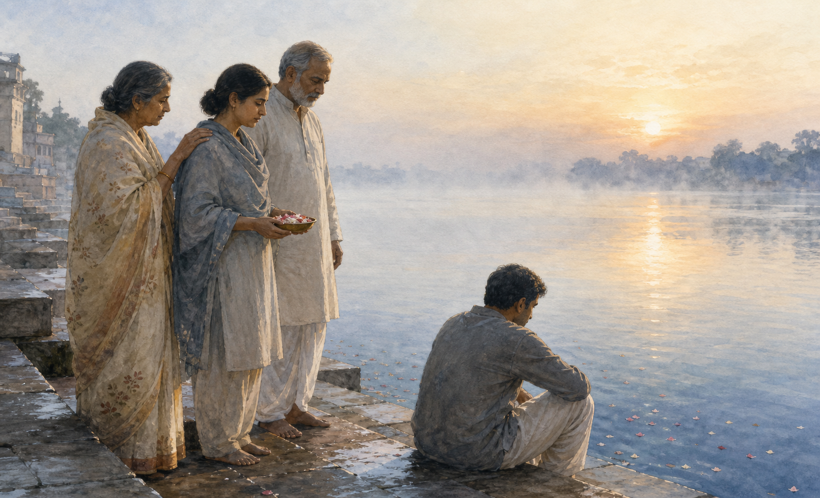 A grieving family gathers with flower petals on riverside steps at dawn, offering one another quiet support.