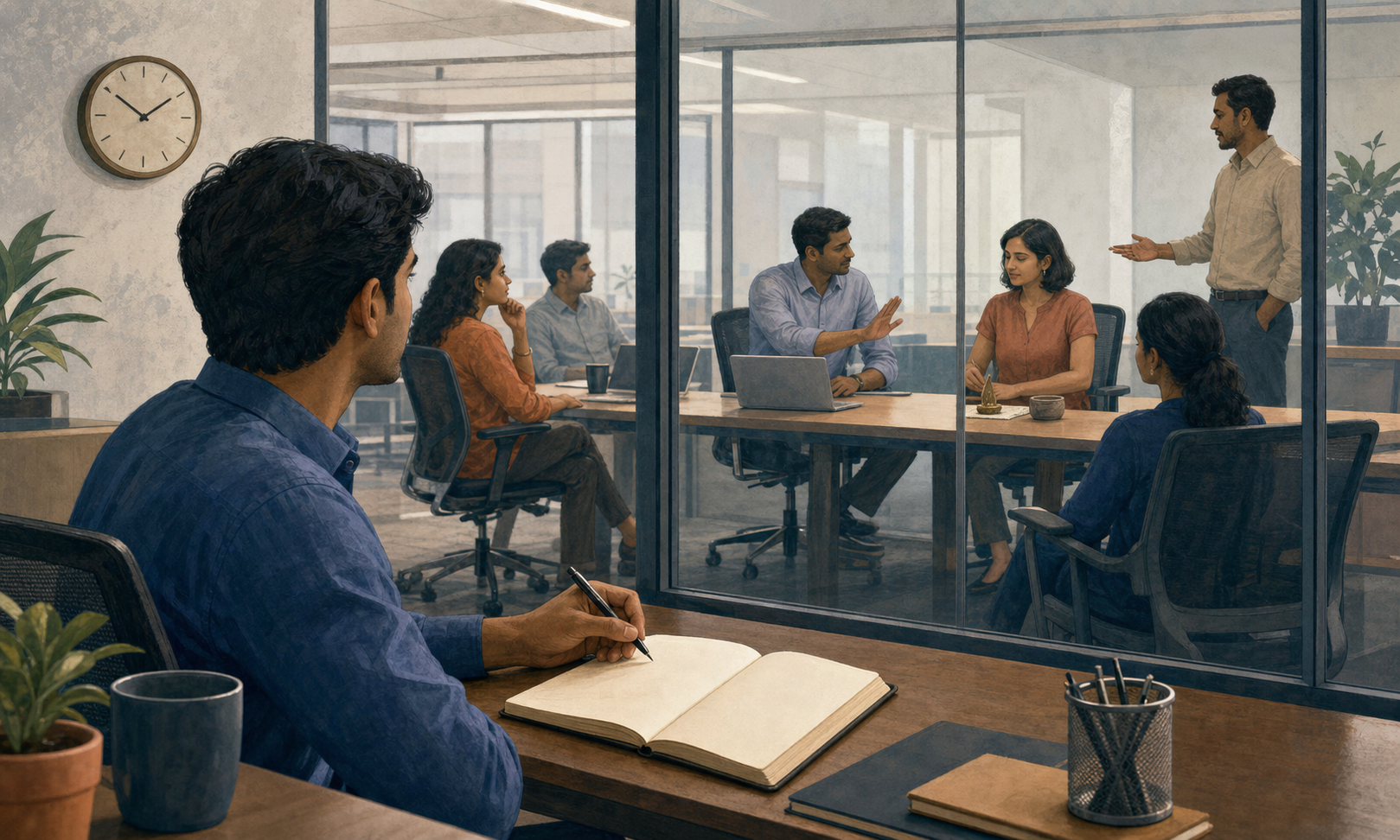 An office employee records an incident in a notebook while observing coworkers and a manager through a glass meeting-room wall.
