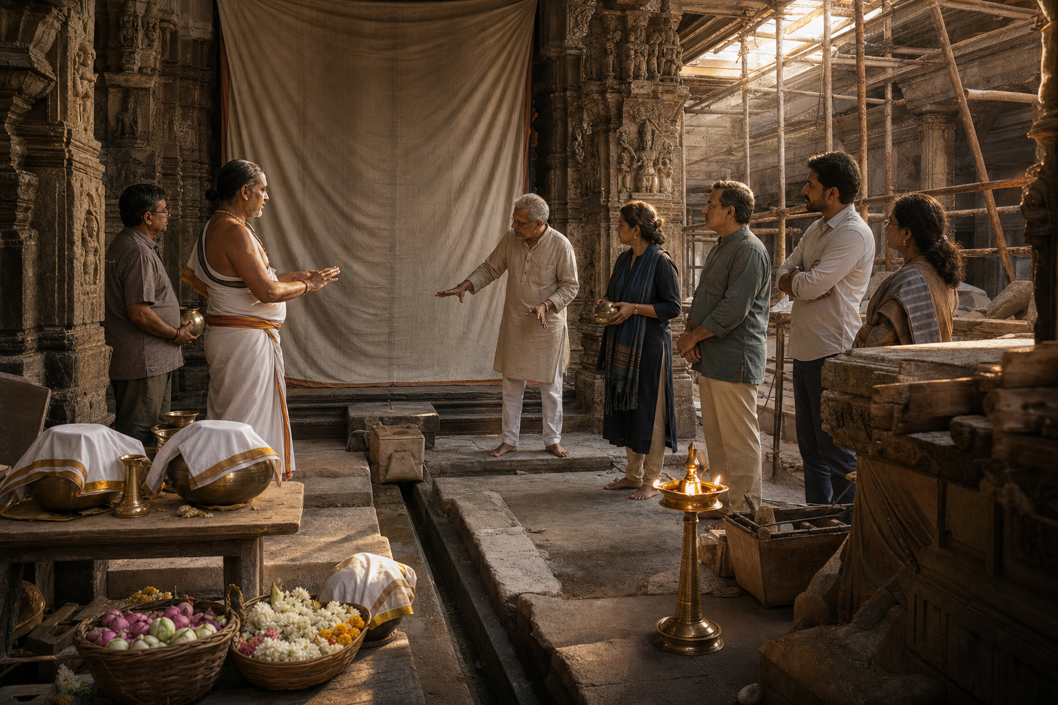 A priest, temple architect, conservator, and community members coordinate ritual preparations beside an unfinished and protected temple sanctum.
