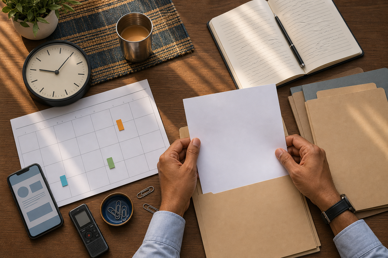 Hands organize a notebook, blank calendar, clock, phone, envelopes, and documents into an evidence folder on an office desk.