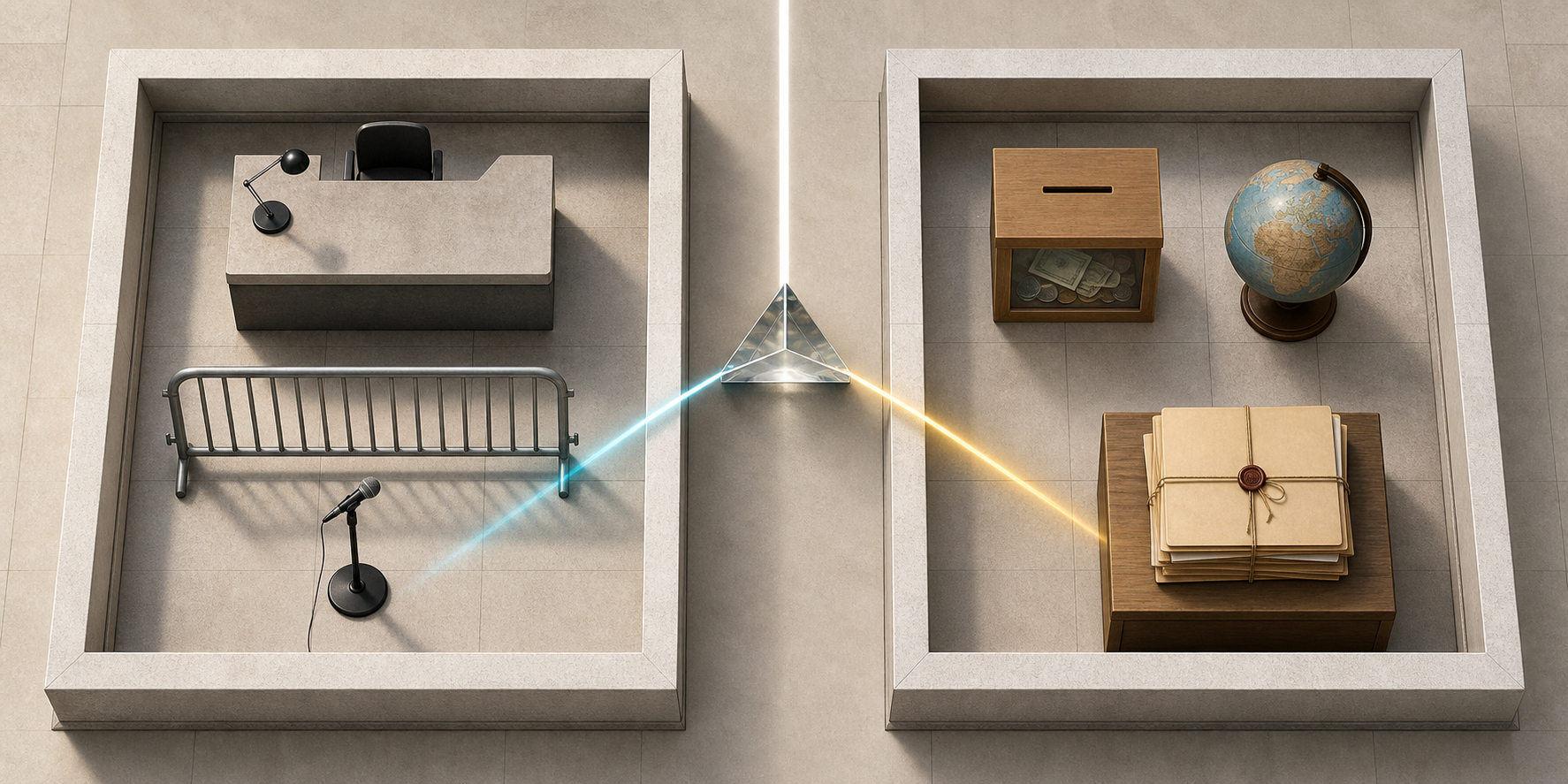 One beam of light divides evenly across a police setting and a foreign-funding review setting arranged with equal visual weight.