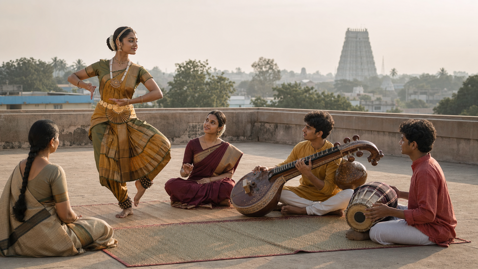 Music and dance students rehearse with a teacher in a courtyard while a temple gopuram rises in the distance.