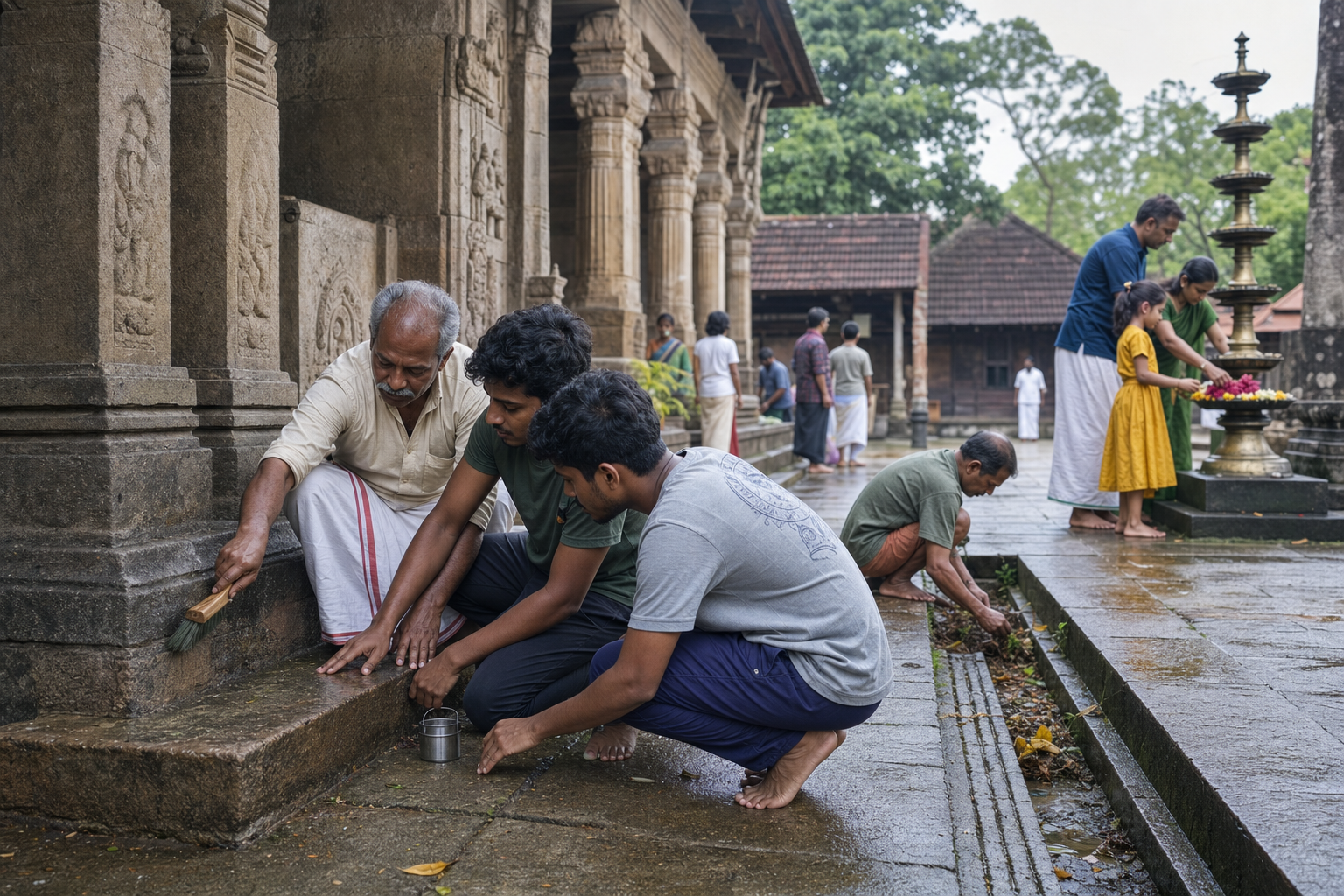 Experienced and younger temple caretakers clean carved stone and clear drainage while worshippers gather in a reopened temple courtyard.