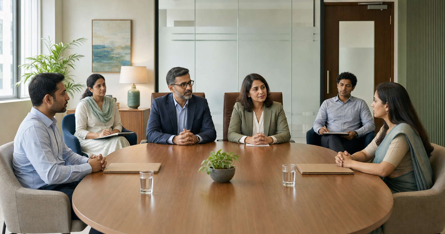 A human-resources panel listens to two employees seated at equal distances on opposite sides of an office meeting table.
