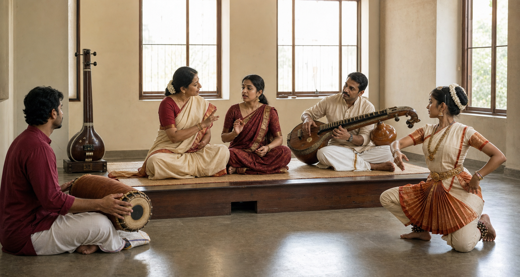 A teacher leads a classroom rehearsal with a Carnatic vocalist, a Bharatanatyam student, and instrumental accompanists.