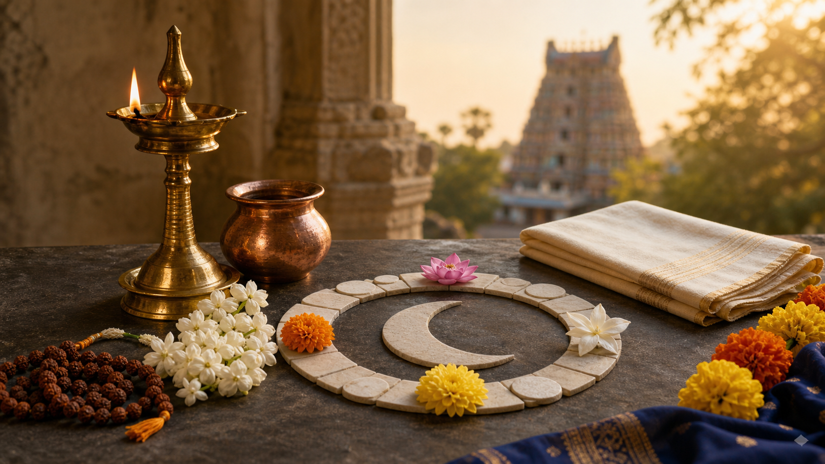 Brass puja objects, flowers, prayer beads, and four offerings arranged around a lunar motif with a South Indian temple tower in the background.