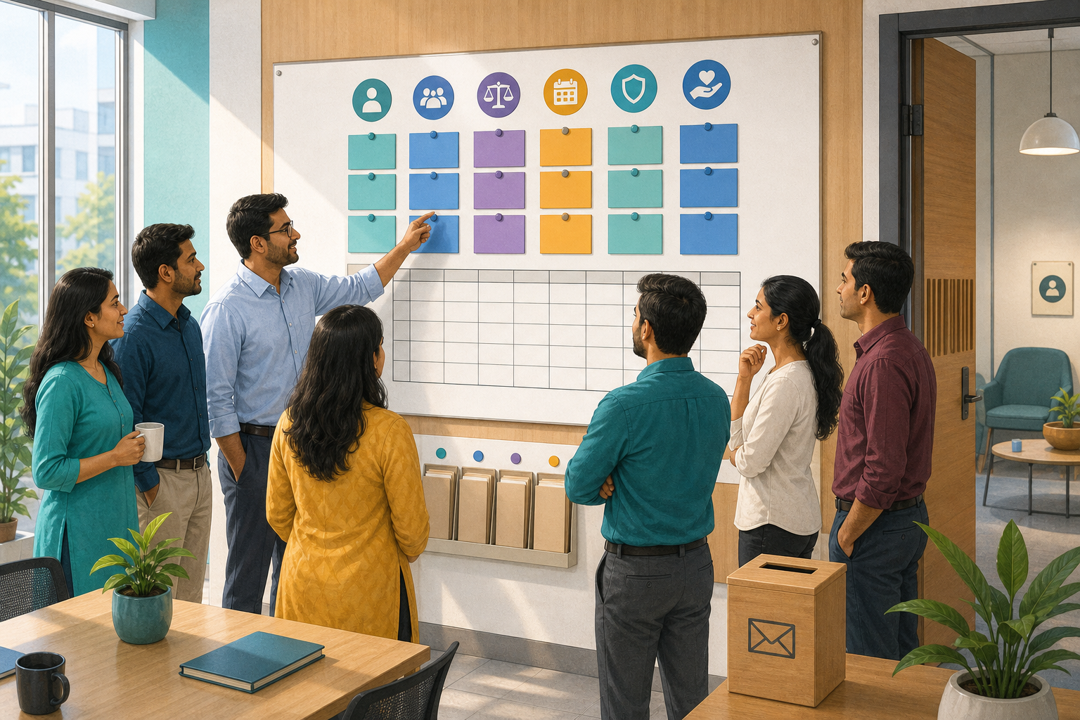 A diverse office team reviews a color-coded leave-planning wall beside matching policy folders and a private feedback box.
