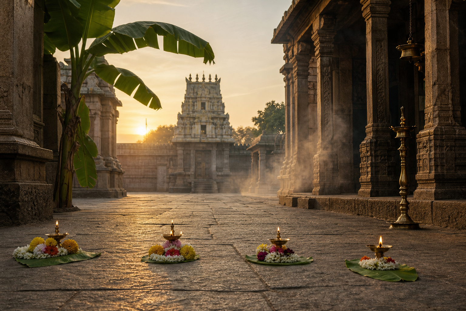 Four flower and lamp offerings line a stone path in a South Indian temple courtyard at dawn.