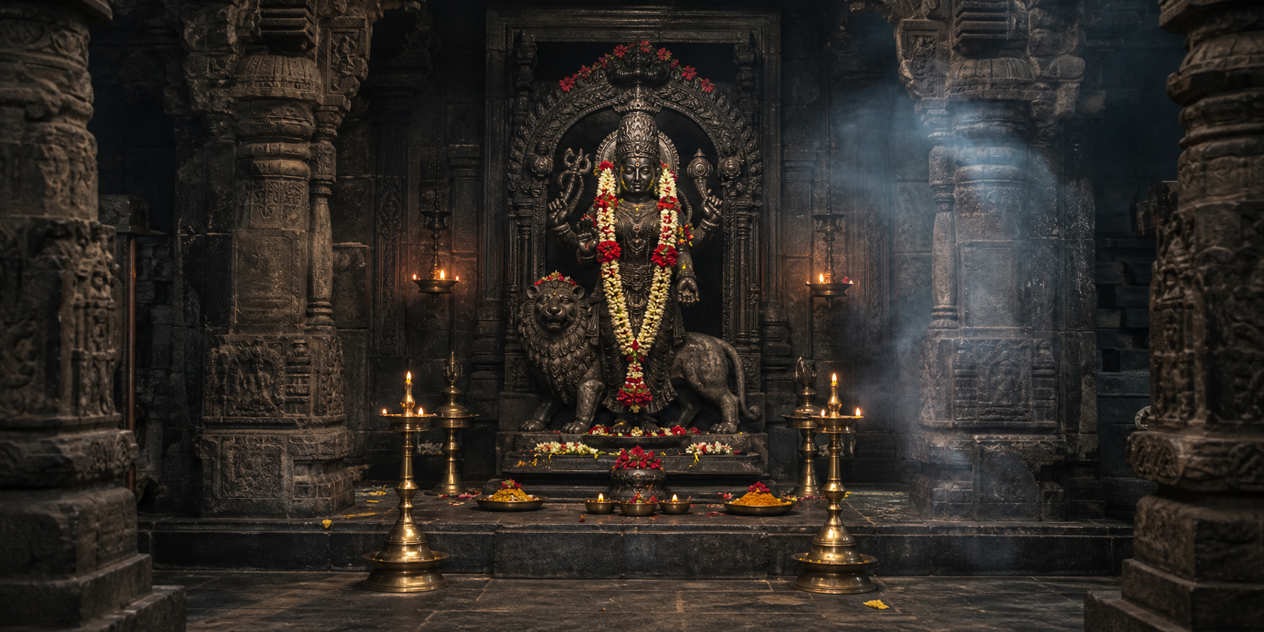 A flower-garlanded stone Durga shrine illuminated by brass oil lamps inside a South Indian temple.