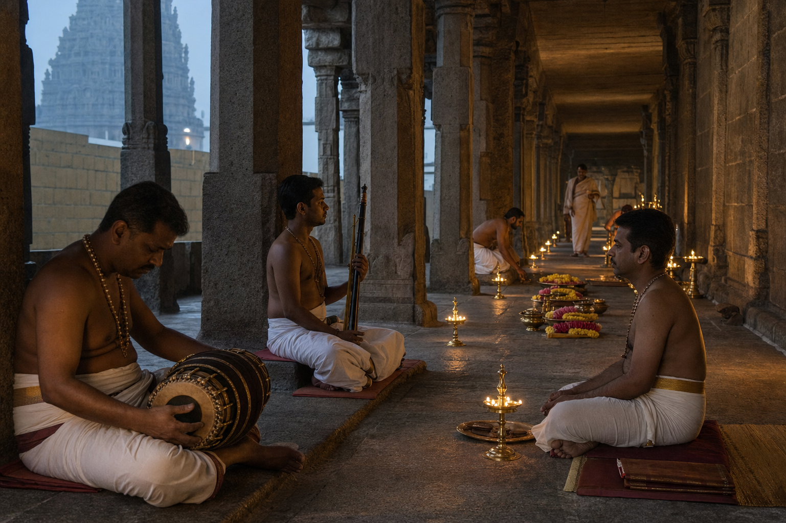 Musicians prepare their instruments in an outer temple corridor as workers arrange lamps and flowers before a ritual.