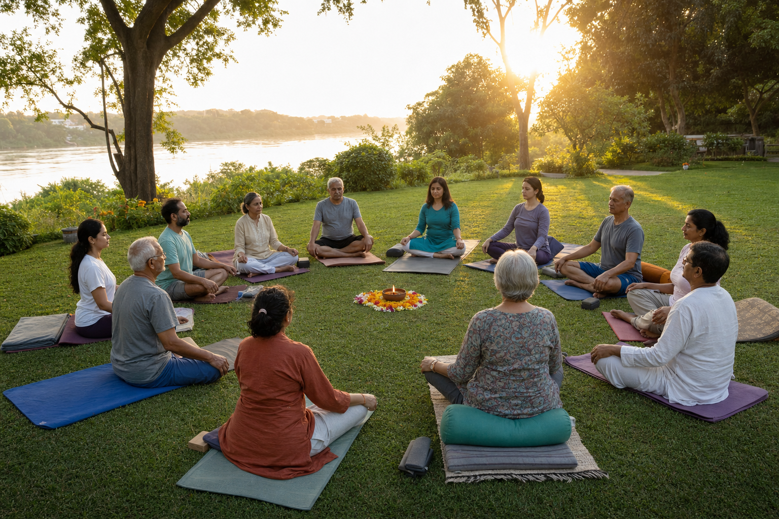 A multigenerational group of South Asian practitioners performs seated yoga in a circle beside a river at sunrise, with a clay lamp and flowers at the center.