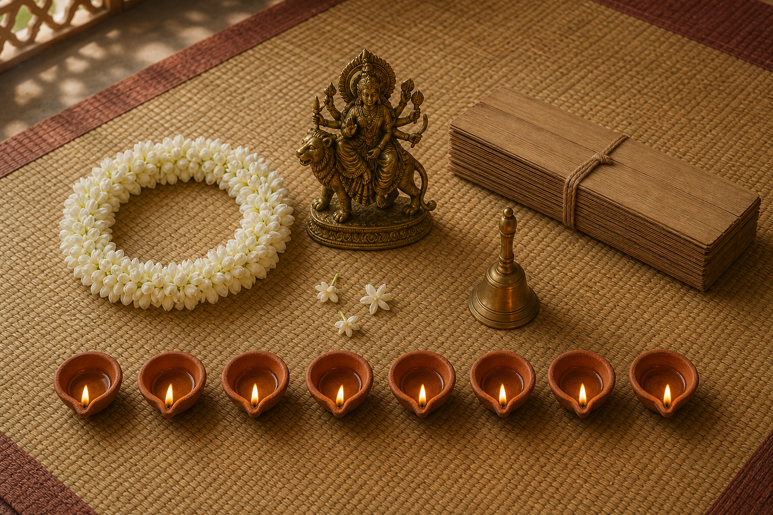 A brass Durga icon beside a circle of jasmine blossoms and a separate row of eight clay lamps.