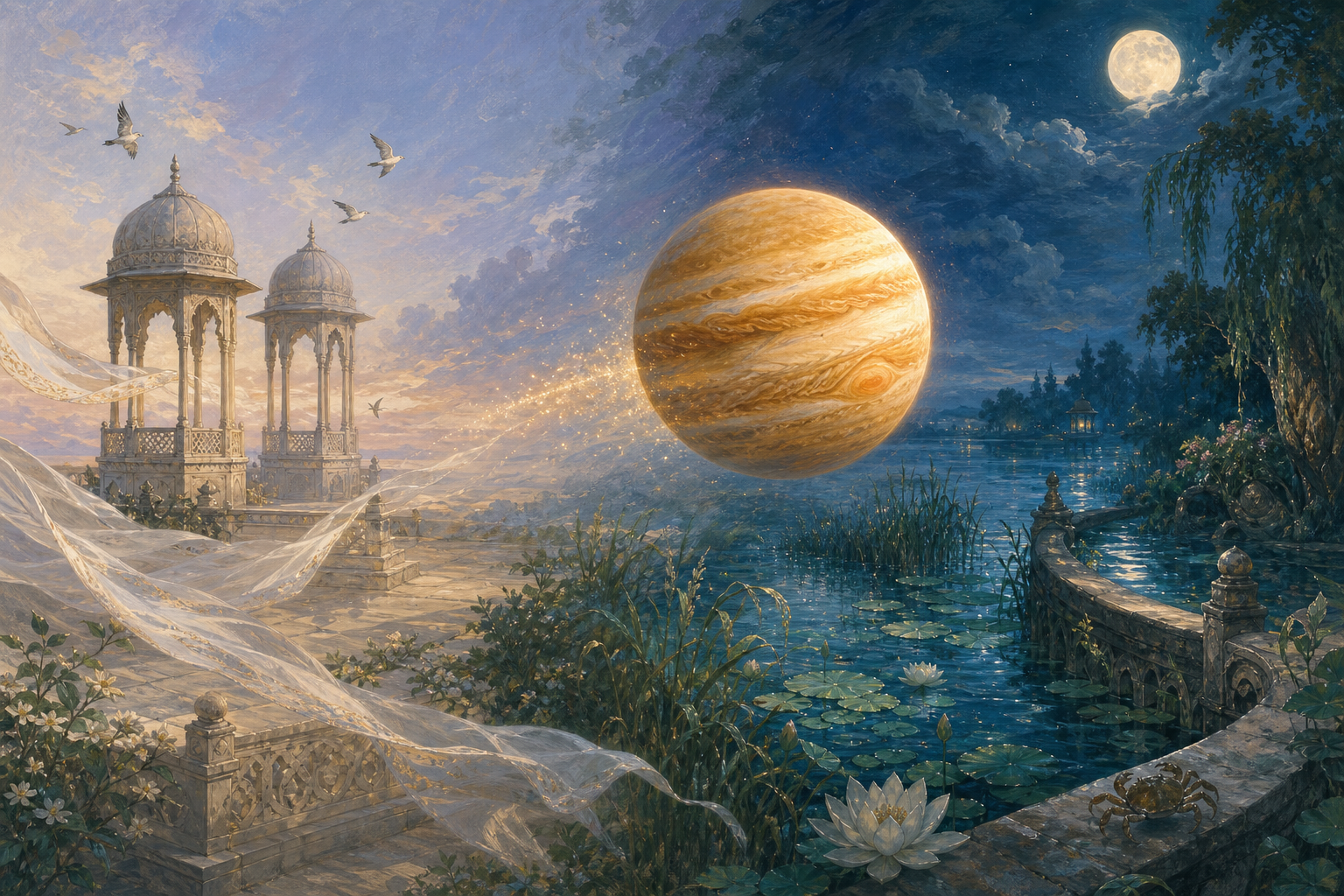 A golden Jupiter moves from a windswept landscape with two matching towers into a moonlit lagoon where a crab stands among reeds and lotus leaves.