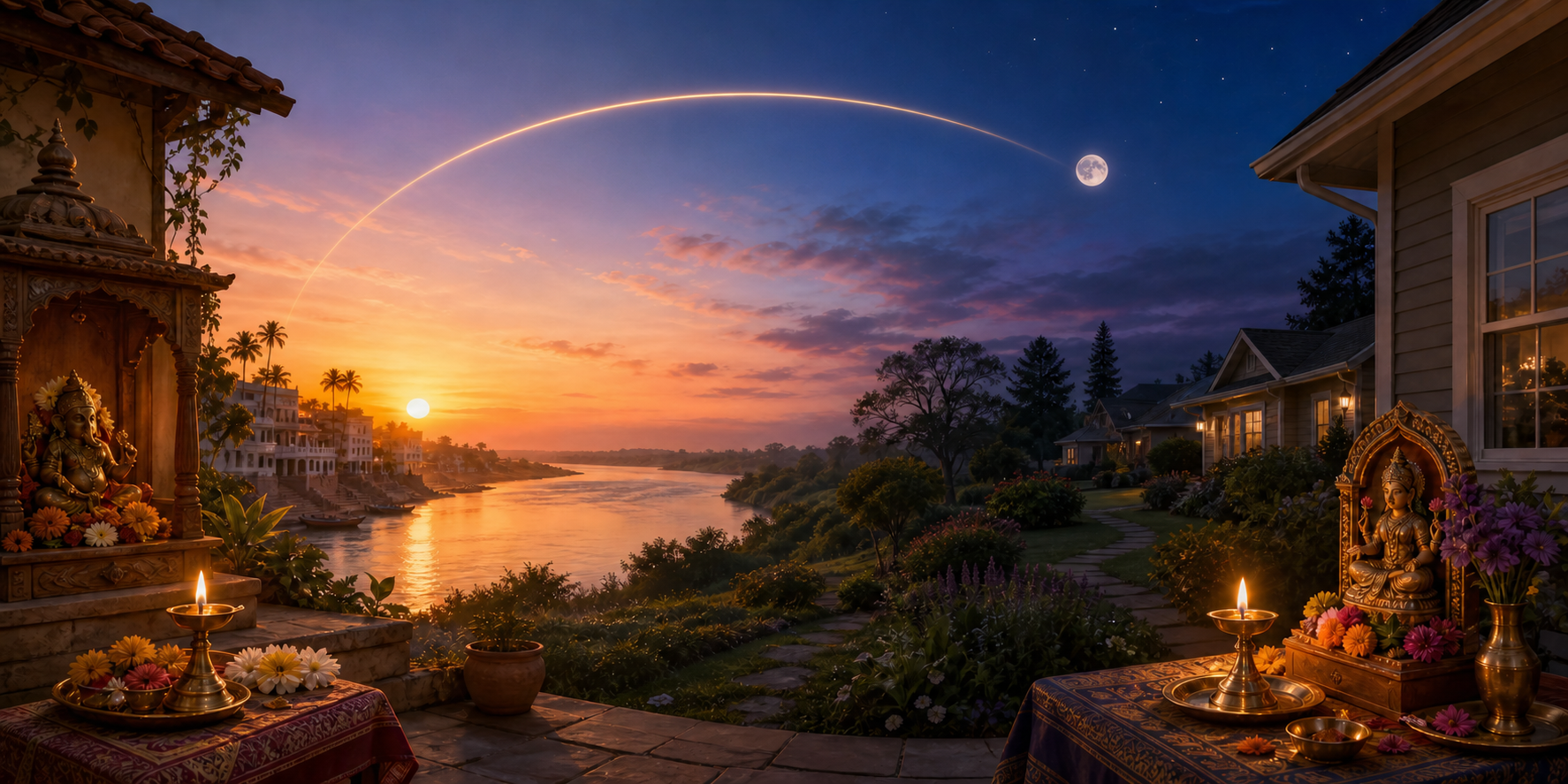 Connected sunrise and twilight landscapes show home altars in two locations beneath the same moon arc.