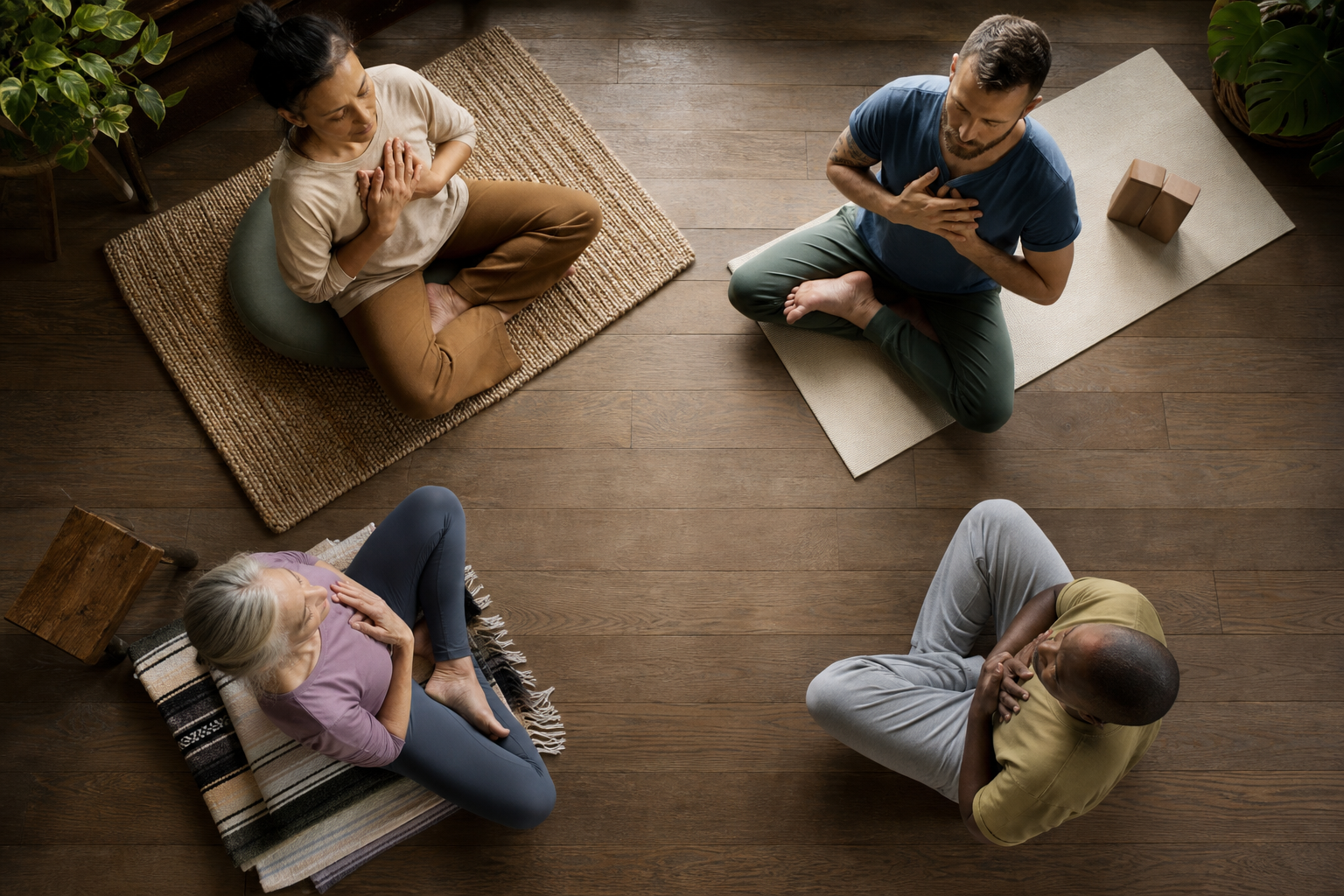 Four practitioners use different mats, cushions, blocks, and seating supports while doing the same gentle seated yoga practice.
