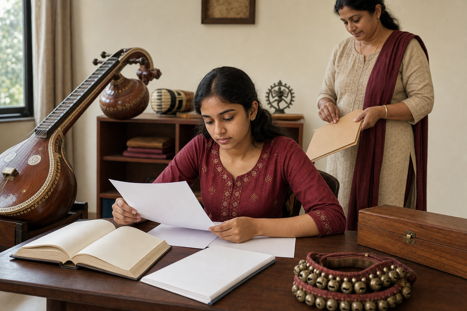 A prospective arts student studies at a table beside a veena and dance ankle bells while a mentor organizes a folder.