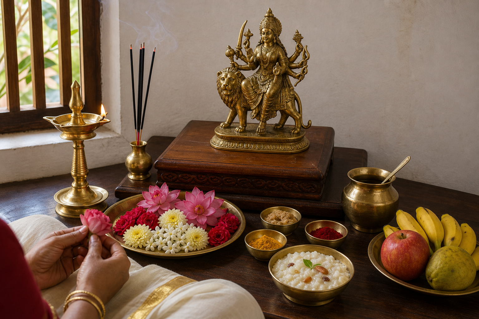 A simple home Durga altar with a lamp, water vessel, flowers, fruit, incense, and food offering arranged for worship.