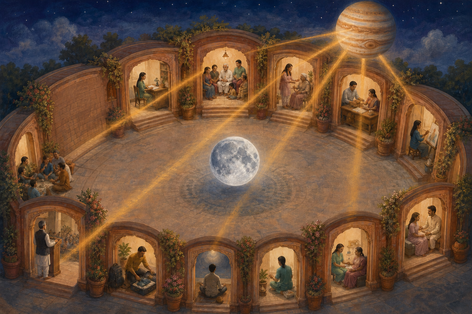 A circular courtyard with twelve open doorways contains scenes of study, family life, work, service, travel, and reflection beneath a silver Moon and rays from Jupiter.