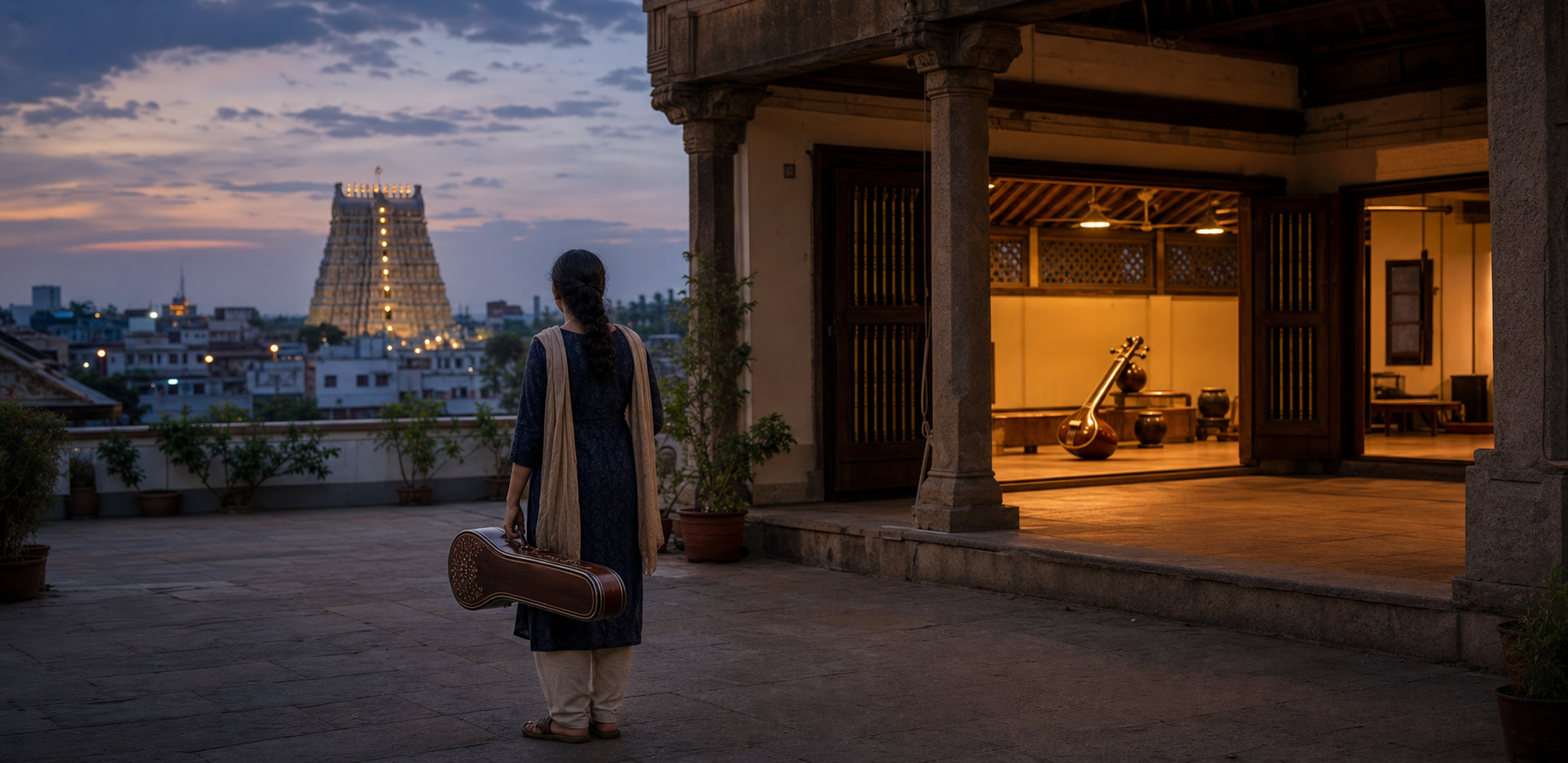 A music student holding a veena case looks from a practice courtyard toward a distant illuminated temple gopuram.