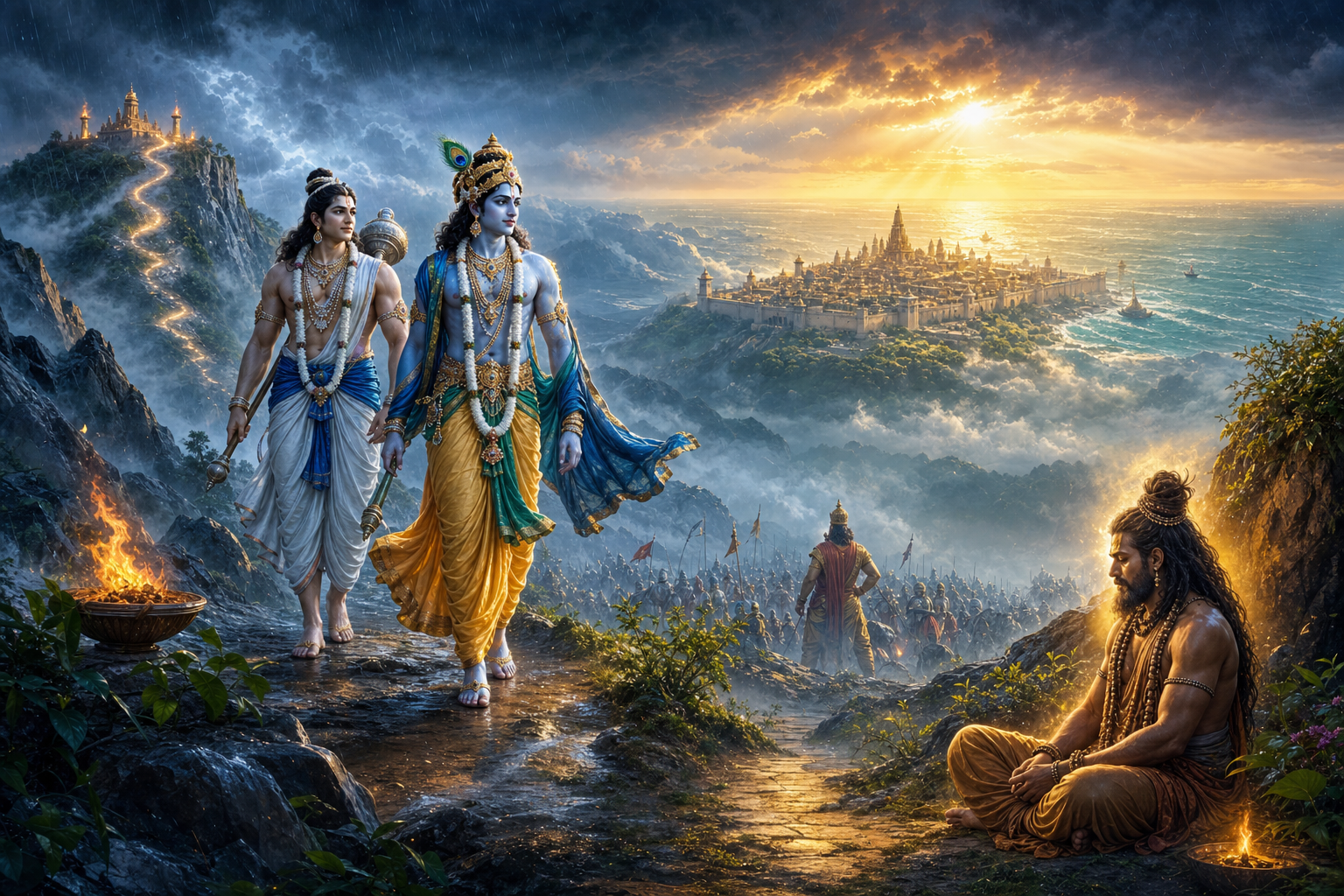 Kṛṣṇa and Balarāma walk across Pravarṣaṇa Mountain as Mucukunda meditates and Dvārakā glows beyond the sea.