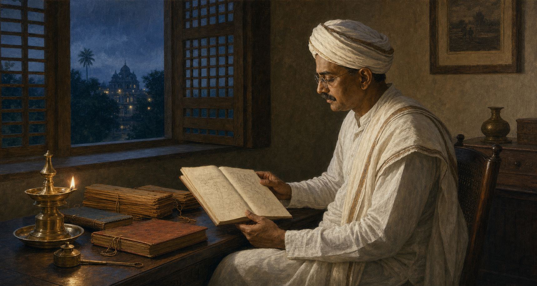A South Indian scholar in traditional clothing studies an open diary at a wooden desk illuminated by a brass oil lamp.