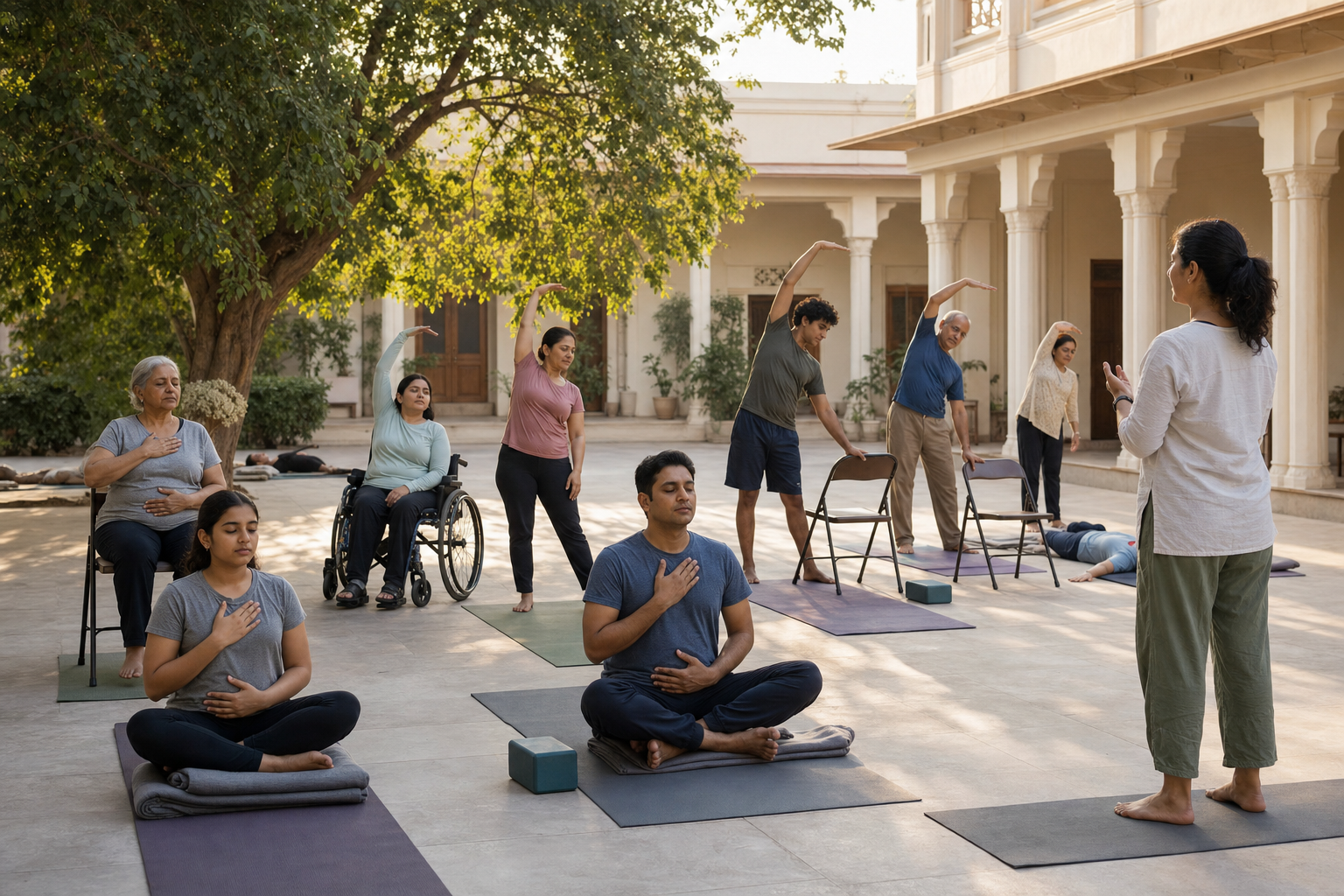 A diverse community follows an adaptable yoga session in a sunlit courtyard using chairs, blankets, and blocks.
