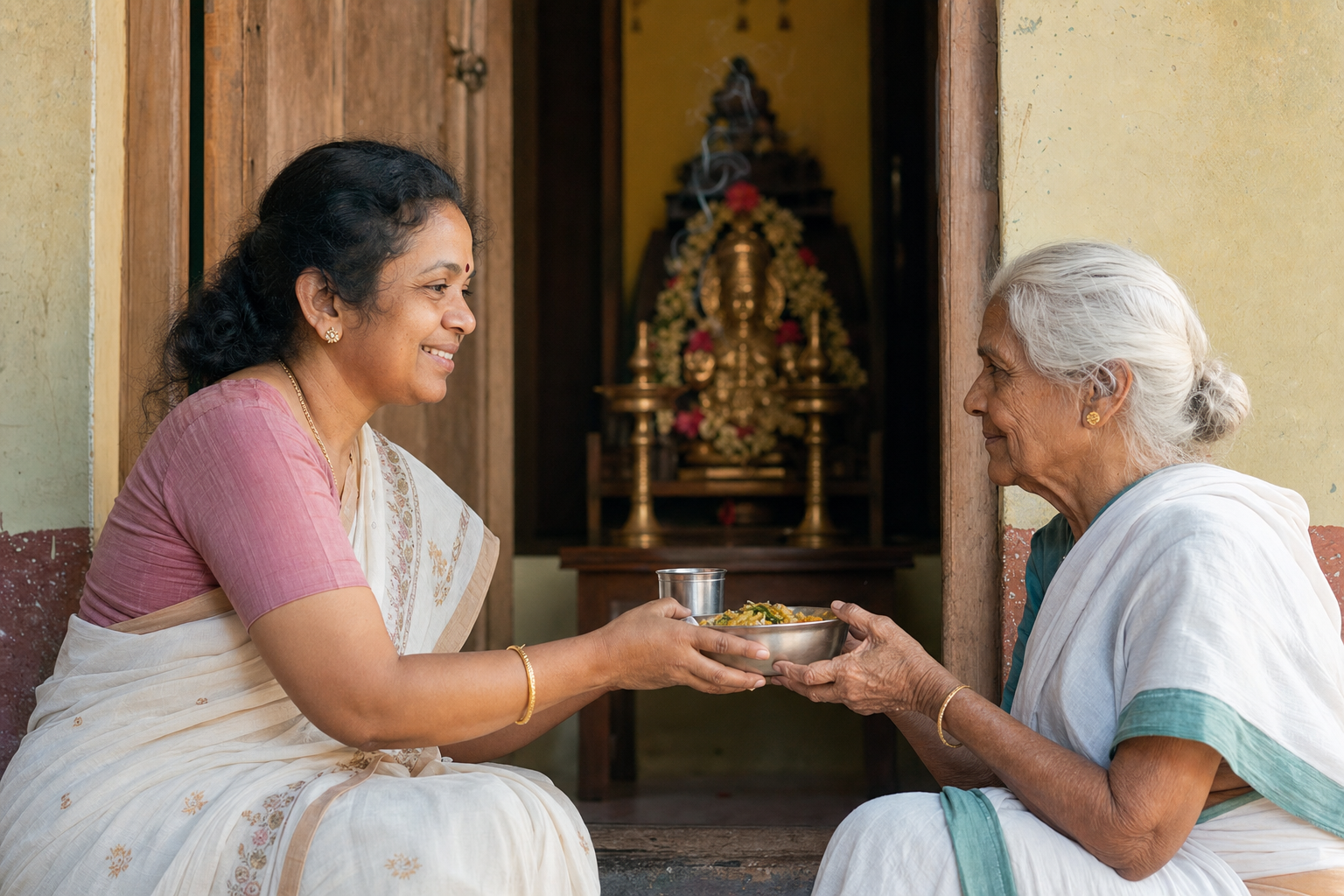A devotee offers a bowl of food and water to an elderly neighbor while a small Durga altar rests in the background.