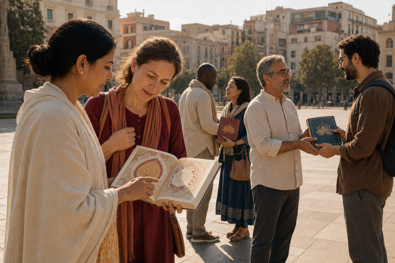 Volunteers offer text-free spiritual books to interested readers in a sunlit multicultural city square.