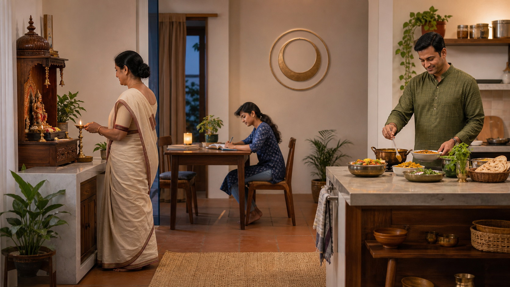 A family combines lamp-lighting, meal preparation, and study in a calm home with a paired lunar-circle decoration.