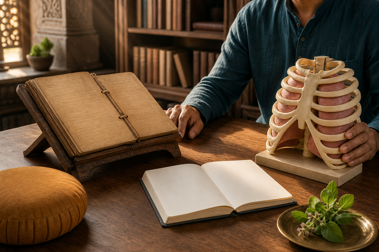 A blank traditional manuscript, an anatomical lung model, a notebook, a meditation cushion, and basil sit together on a library table.
