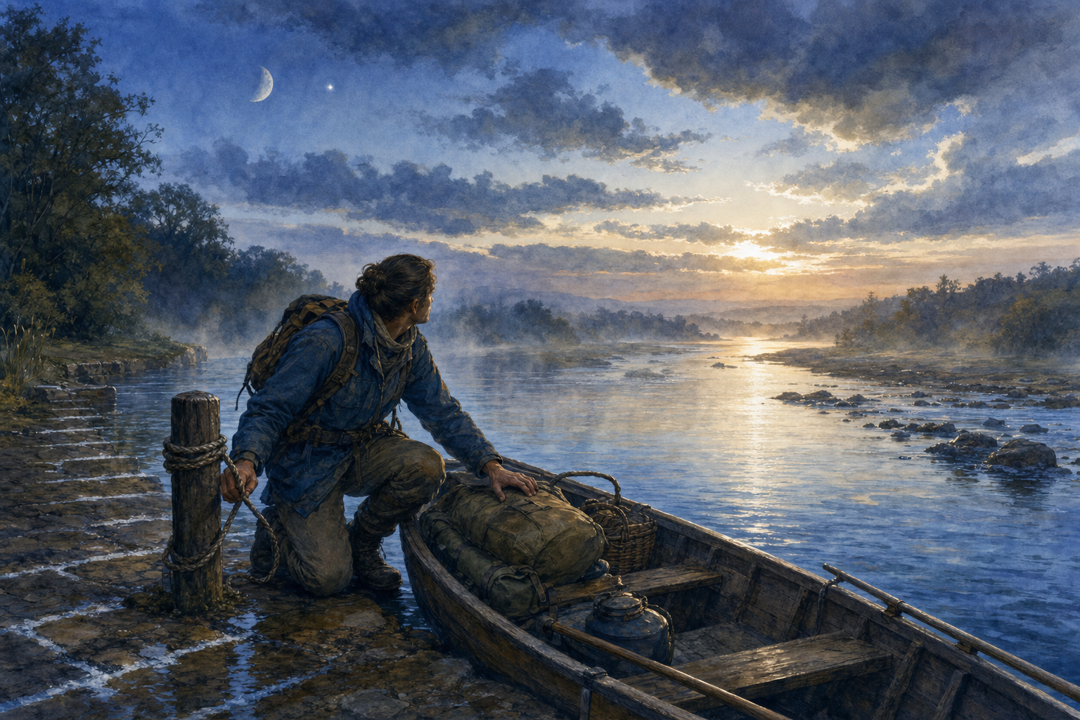A traveler at dawn checks a boat's rope and supplies while the Moon and Jupiter remain visible above an open river channel.
