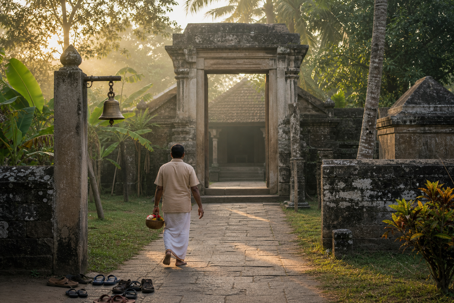A devotee carrying flowers and fruit walks barefoot toward a traditional Tamil temple in the early morning.
