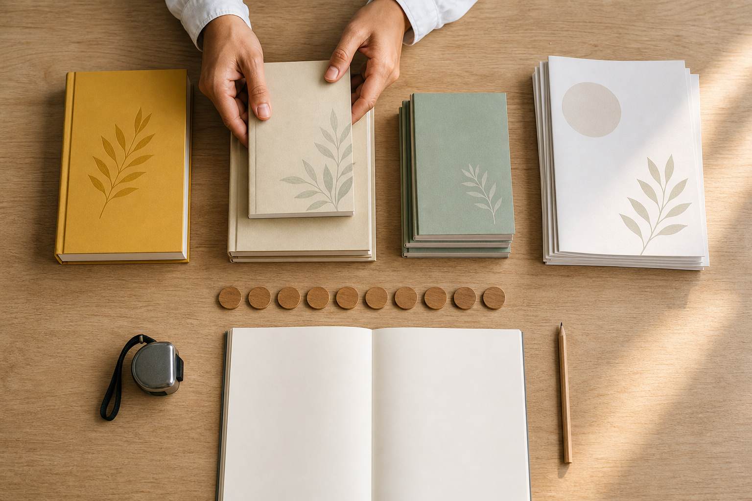 Hands sort text-free hardcovers, paperbacks, booklets, and magazines into separate groups beside wooden counting tokens.