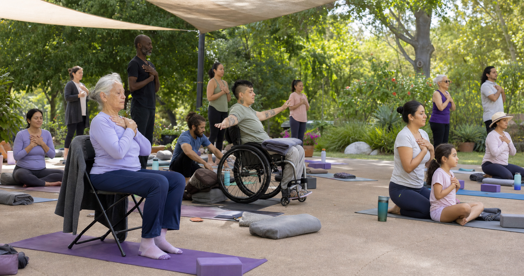 People of varied ages and abilities take part in an outdoor yoga event using chairs, wheelchairs, blocks, and other supports.