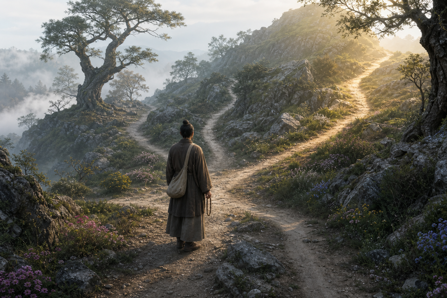A traveler with prayer beads pauses at branching paths shaped by rocks, slopes, trees, and flowers as morning light falls ahead.