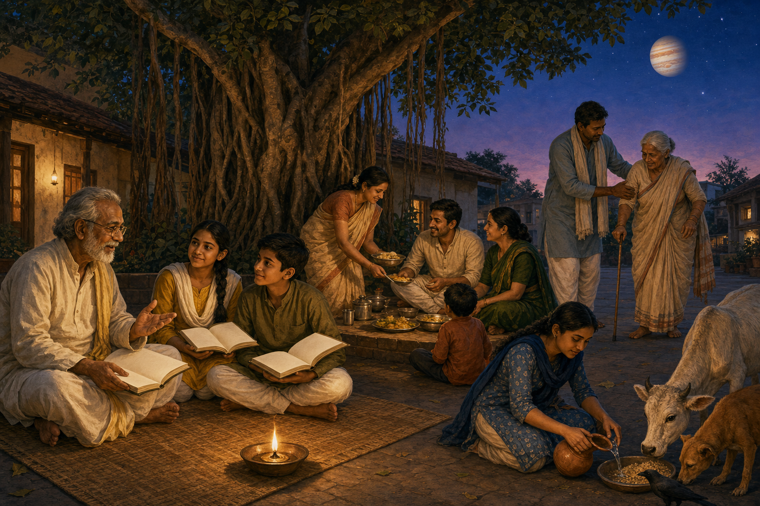 People gather beneath a banyan tree to teach children, share food, assist an older adult, and leave water and grain for animals as Jupiter glows in the evening sky.