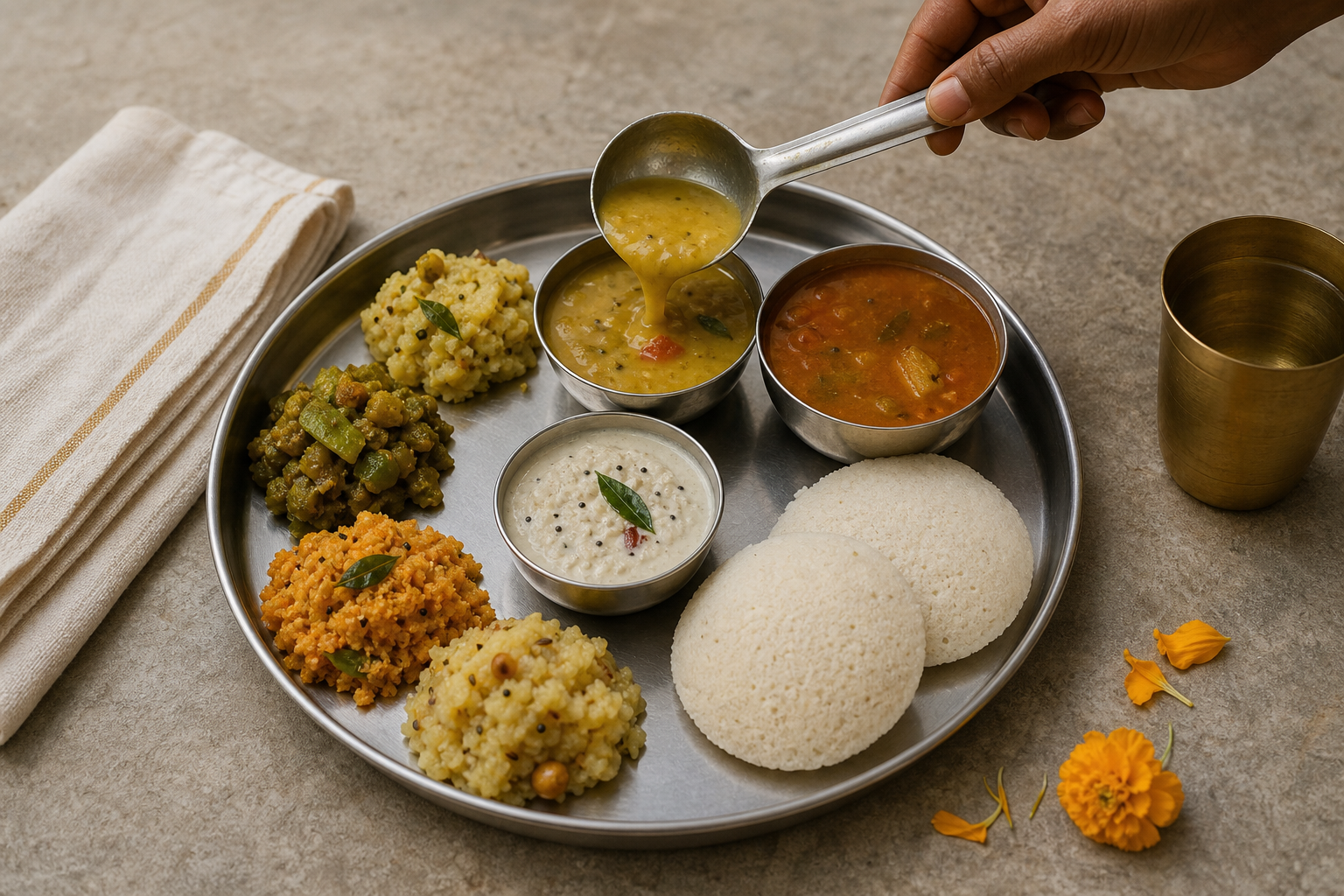 A single steel thali holds central Indian dishes with idli, sambar, and coconut chutney as a volunteer serves dal.